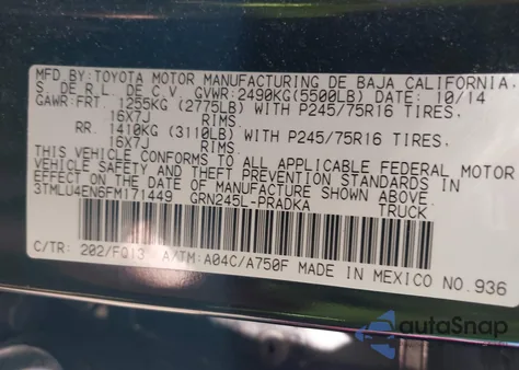 2015 Toyota Tacoma Base V6 from USA, damaged, VIN 3TMLU4EN6FM171449